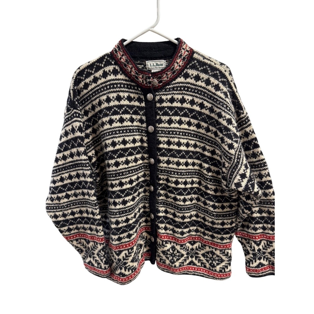 VTG LL Bean Womens Fair Isle Knit Button Front Cardigan Sweater L Grannycore